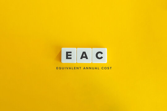 Equivalent Annual Cost (EAC) banner. Letter tiles on bright orange background. Minimal aesthetics.