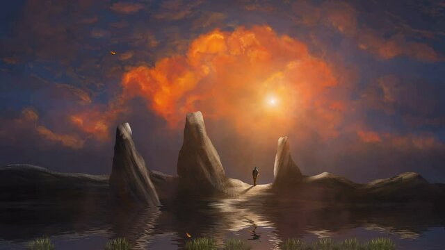 Man, hiker standing on mountain land with lake, flying butterfly and sunset sky. Digital animation, fantasy landscape