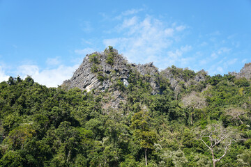 Fototapeta na wymiar Geological structure of limestone mountains in Tham Saken National Park, Nan Province, northern Thailand.