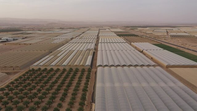 Aerial view of large complex of greenhouses and agricultural fields in the Negev desert, farming and food production in Southern Israel
