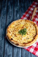 Tasty sliced pizza with fresh arugula and different kinds of cheese. Four cheese pizza, pizza Margarita.