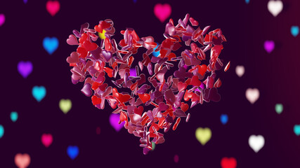 Valentine's day concept. Heart shape with elements on purple background. 3D rendering
