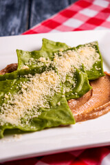 Hot ravioli with spinach served in a white plate with sause. Traditional italian cuisine, over rustic wooden table.