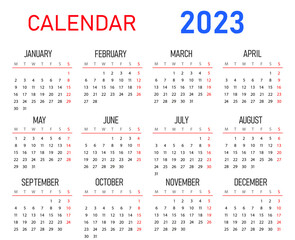 2023 Calendar on white background.
Vector calendar 2023,week starts from monday.Use for organization and business.