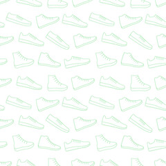 Green sneakers shoes vector background seamless repeating pattern. Men and women sport footwear. Thin line style. Editable template.