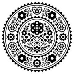Folk art vector mandala design with flowers with frame inspired by old traditional Polish embroidery Lachy Sadeckie - bohemian pattern in black and white
