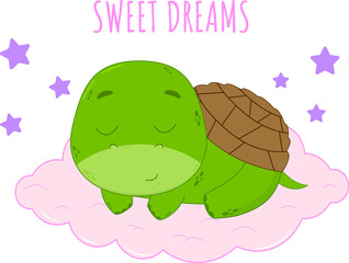 Cute cartoon turtle sleeping on the cloud. Turtle on a white background. Vector illustration 