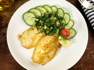 Low Carb Pan Fried Fish Fillets coated in Egg with Cucumber and Sea Weed Salad