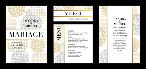 Ensemble de cartes pour un mariage - invitation, faire part, remerciement et menu - décoré de cercle floral or et argent - texte français - traduction : mariage, merci, menu.