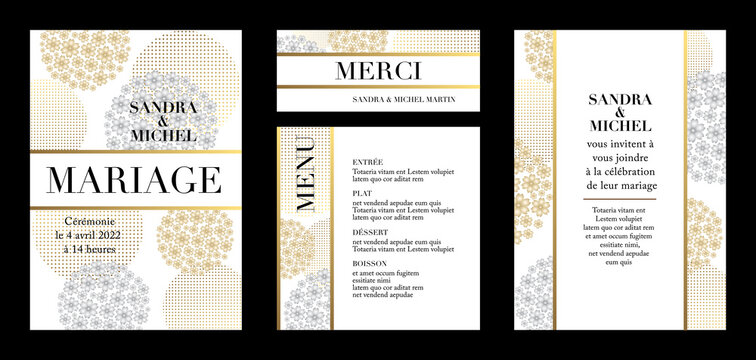 Ensemble de cartes pour un mariage - invitation, faire part, remerciement et menu - décoré de cercle floral or et argent - texte français - traduction : mariage, merci, menu.