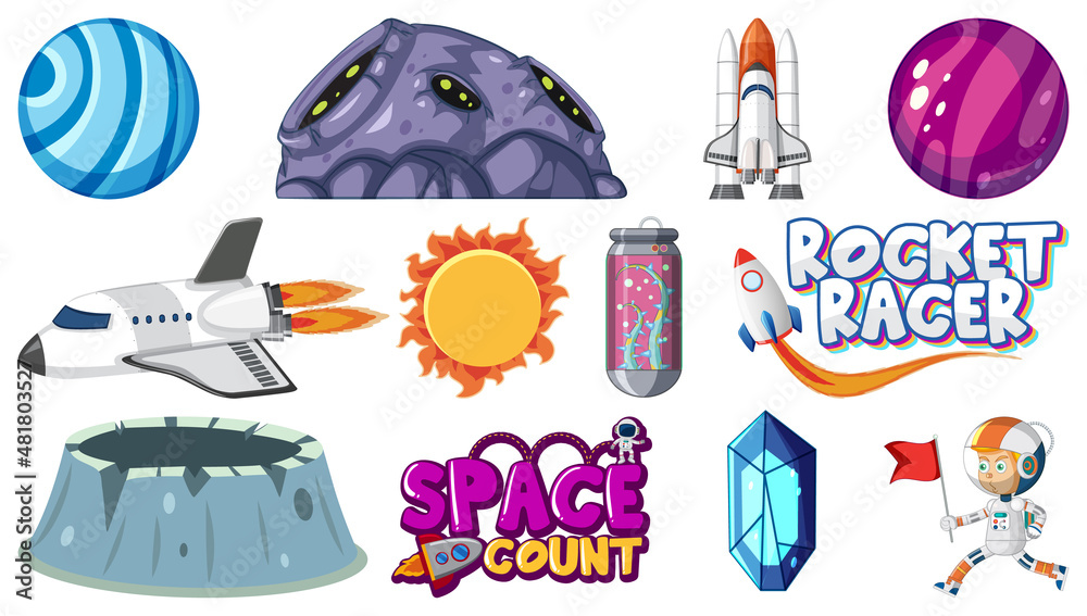 Wall mural set of isolated fantasy space objects