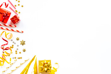 Children kids party flat lay confetti with party hats and balloons