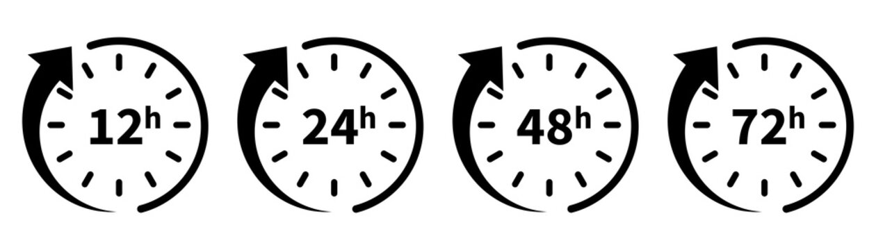 Hours clocks with arrow. 12, 24, 48, 72 work time icons. Hour delivery and service. Vector illustration.

