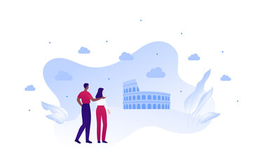 Sightseeing tourism and famous places travel concept. Vector flat people illustration. Couple of african man and woman dating embrace on asbtract coliseum building symbol.
