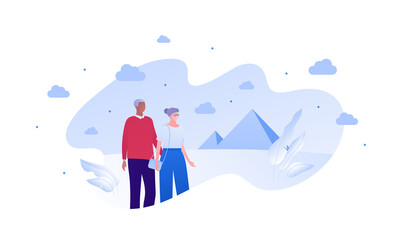 Obraz premium Sightseeing tourism and famous places travel concept. Vector flat people illustration. Senior adult family character. Couple of old african man and woman. Abstract pyramid building on background