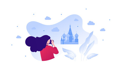 Obraz premium Sightseeing tourism and famous places travel concept. Vector flat people illustration. Young adult woman make photo by camera. Abstract orthodox temple building symbol on background.