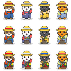 Vector illustration of cute Cats with Farmer costume. Maneki neko. Lucky cat character vector design. Cartoon character design set.