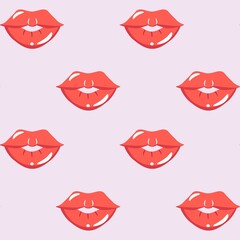 Seamless pattern with pink lips on pastel pink background.