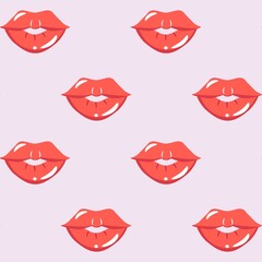 Obraz premium Seamless pattern with pink lips on pastel pink background.