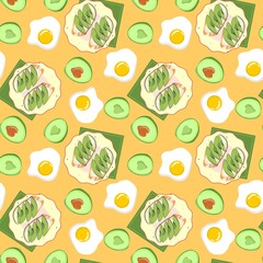 Seamless pattern with avocado and eggs on yellow background. 