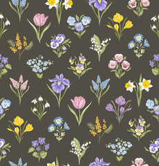 Spring Garden variety flowers on dark background hand drawn vector seamless pattern. Vintage Romantic Bloom Ogee repeat design. Cottage core aesthetic floral print for fabric, scrapbook, wrapping