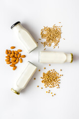 Set of non dairy substitute milk with almonds rice and oats