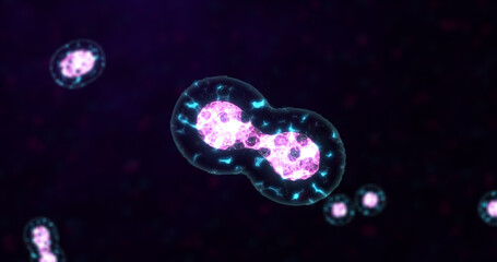 Cell division on a dark blue background. Biology, health care and medical concept. Digital illustration