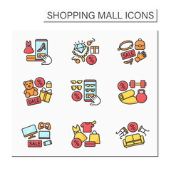 Shopping mall color icon. Trendy goods on discount. Special store with fashion clothes and accessories. Mall complex concept. Isolated vector illustration