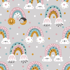 Cute vector seamless pattern with a rainbow in Scandinavian style. Endless pattern can be used for ceramic tile, wallpaper, linoleum, textile, web page background.