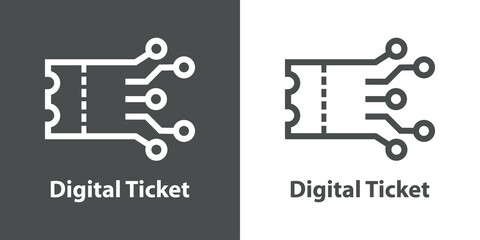 Logo compra entrada online. Digital ticket. Icono con líneas como circuito electrónico en fondo gris y fondo blanco © teracreonte