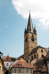 Fototapeta premium Sibiu old town street, Lutheran cathedral of saint mary in Romania