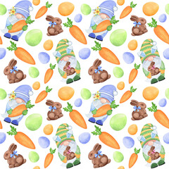 Easter seamless pattern with gnomes, chocolate bunny, carrot and colorful eggs. Watercolor pattern on white background.