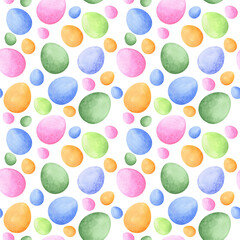 Easter seamless pattern with colorful eggs. Watercolor pattern on white background.