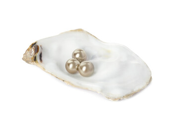 Naklejka premium Oyster shell with golden pearls on white background