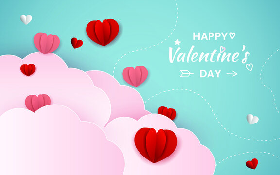 Happy valentines clouds with hearts and scribbles with dashes celebration background