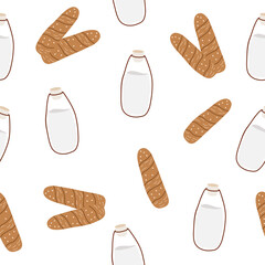 seamless food pattern, bread and milk. Pattern for wallpaper kitchen, restaurant, dinnerware, tablecloth.