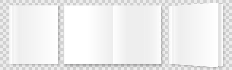 Realistic book blank cover mockup. Notebook design template. White brochure with soft shadow. Vector illustration. 