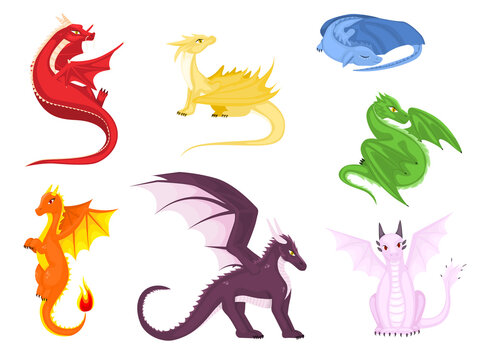 Set of dragons cartoon on white background. Fairy cute dragonfly icons collection. Baby fire dragon or dinosaur cute characters isolated vector.