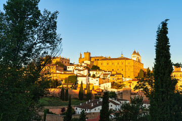 panoramic view of the city of Caceres in Extremadura in Spain - golden hour.