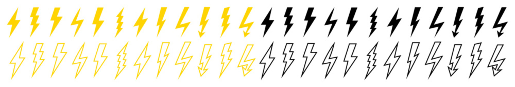 Bolt, lighting thunder vector icons. Thunderbolt electric energy flash arrow symbols. Signs, logos of light, power, storm. Flat yellow thunderstorm strikes illustration. Shock voltage cartoon graphic.