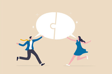 Business communication skills, explain idea, speak, tell and listen to coworkers, work discussion or success send and receive information concept, business people connect speech bubble jigsaw puzzle.