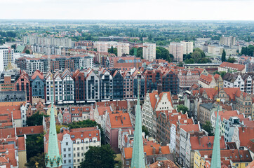 POLAND, GDANSK: Scenic landscape view of city old center with traditional architecture with red roofs