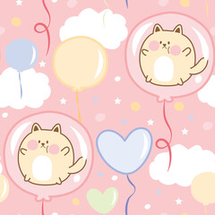 Seamless pattern of cute dog stay in pink bubble balloon cartoon.Image for card,poster,background,wallpaper,baby cloth,paper gift wrapping.Pastle color.Vector.Illustration.