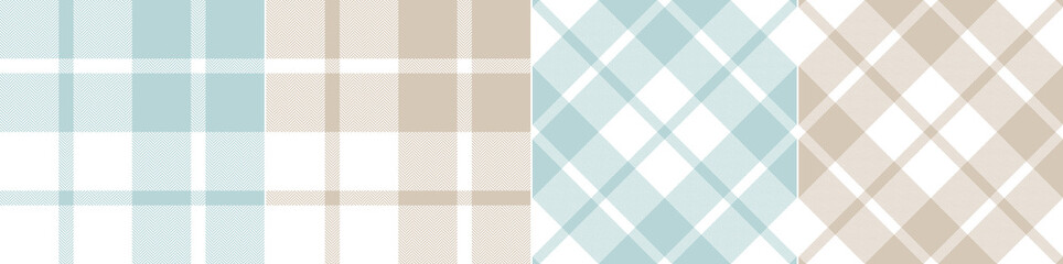 Check plaid pattern with herringbone texture in turquoise blue green cyan, brown beige, white. Seamless large tartan check set for blanket, duvet cover, scarf, other spring summer textile print. - 481809908
