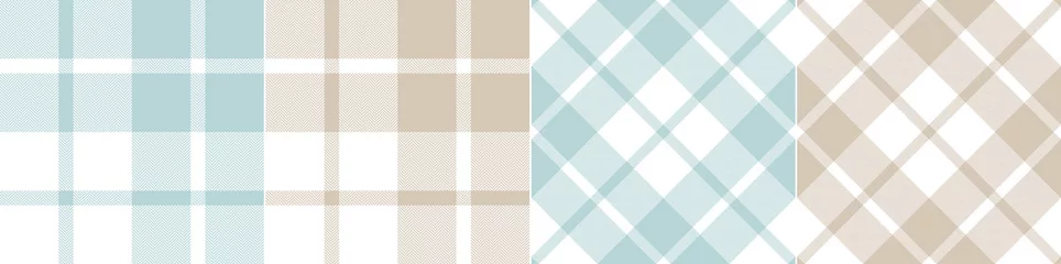 Fotobehang Check plaid pattern with herringbone texture in turquoise blue green cyan, brown beige, white. Seamless large tartan check set for blanket, duvet cover, scarf, other spring summer textile print. © ZillaDigital