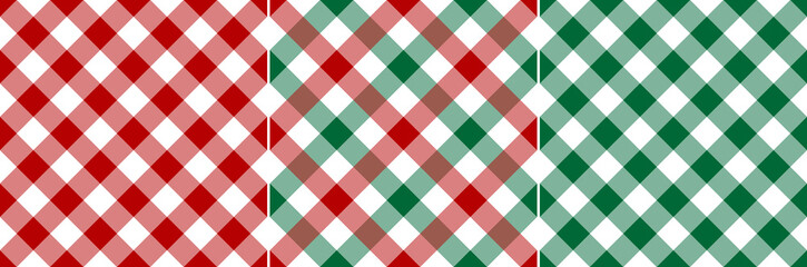 Gingham check plaid pattern for Christmas in red, green, white. Seamless simple bright tartan vichy set for tablecloth, gift paper, scarf, dress, jacket, other modern winter fashion fabric design.
