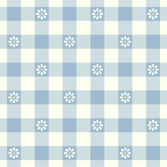 Floral gingham check plaid pattern in blue and white. Seamless vichy tartan with cute small camomile flowers for gift paper, dress, skirt, scarf, tablecloth, oilcloth, other spring summer design. - 481809947