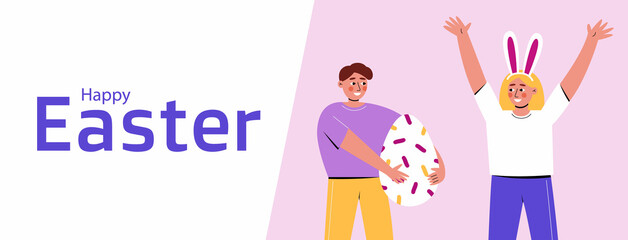 Easter banner with happy guy and girl