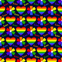 Vector seamless pattern with LGBT community pride symbols, on a dark isolated background. Hearts, rainbow, flower, inscription love. 