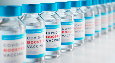 Booster vaccination concept with syringe and bottles of vial  - 3D illustration